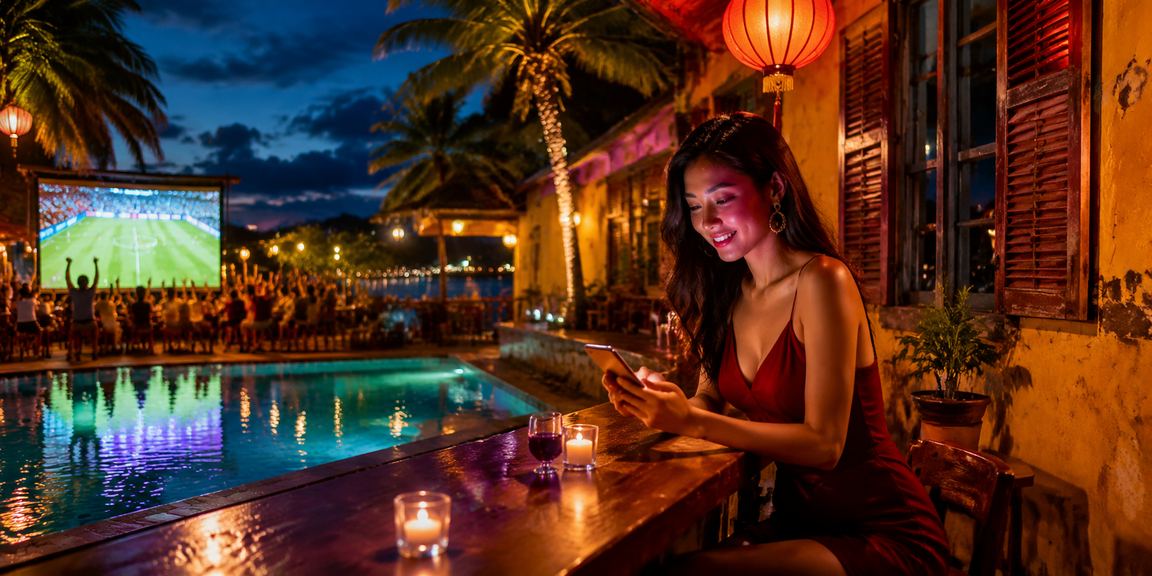 Giao diện casino di động sáng đèn neon tại Hội An về đêm